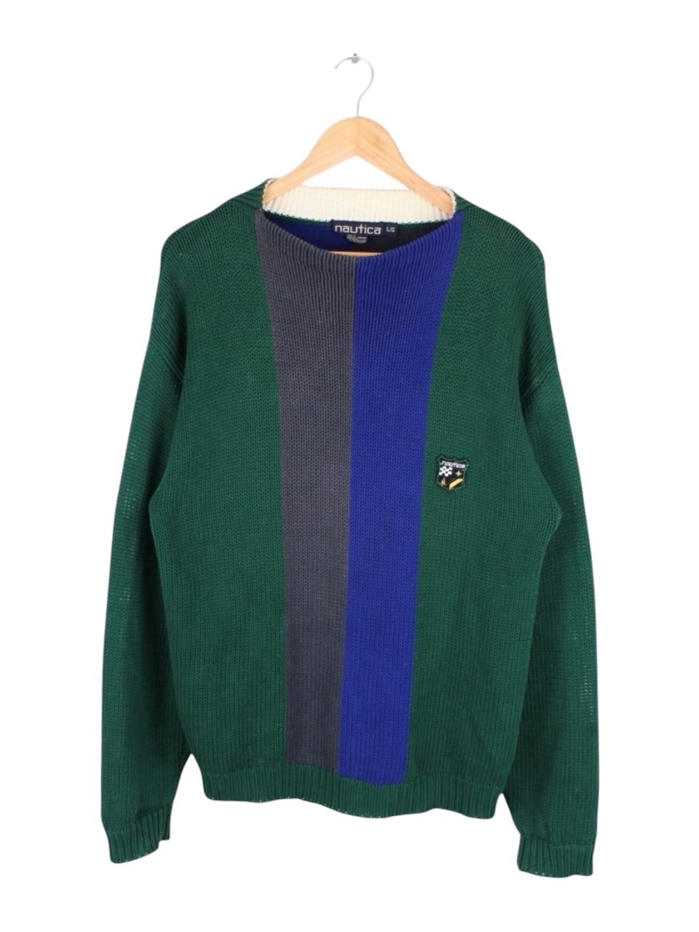Vintage Nautica Colorblock Knit Sweater Preppy Green Blue Gray Men's Size Large